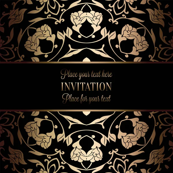 Modèle d'invitation de mariage baroque vintage avec fond damassé. Décoration de tradition pour mariage. Illustration vectorielle en noir et or — Image vectorielle