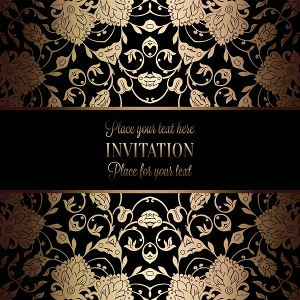 Modèle d'invitation de mariage baroque vintage avec fond damassé. Décoration de tradition pour mariage. Illustration vectorielle en noir et or — Image vectorielle