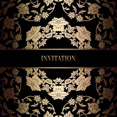 Vintage Barok düğün davetiyesi şablon damasko arka plan ile. Gelenek dekorasyon düğün için. Vektör çizim içinde siyah ve altın