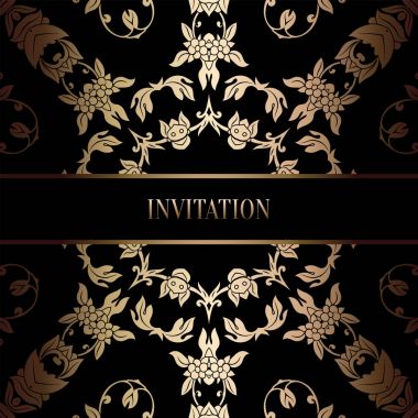 Vintage Barok düğün davetiyesi şablon damasko arka plan ile. Gelenek dekorasyon düğün için. Vektör çizim içinde siyah ve altın