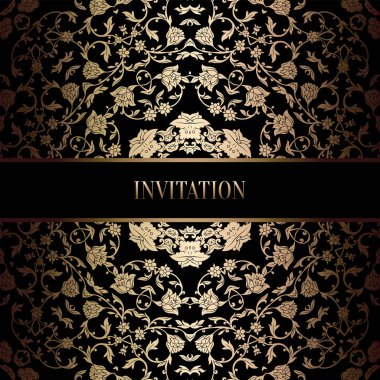 Vintage Barok düğün davetiyesi şablon damasko arka plan ile. Gelenek dekorasyon düğün için. Vektör çizim içinde siyah ve altın