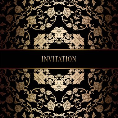 Vintage Barok düğün davetiyesi şablon damasko arka plan ile. Gelenek dekorasyon düğün için. Vektör çizim içinde siyah ve altın