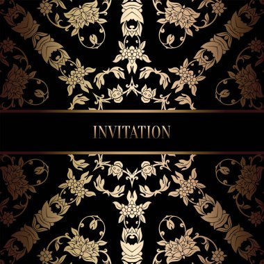 Vintage Barok düğün davetiyesi şablon damasko arka plan ile. Gelenek dekorasyon düğün için. Vektör çizim içinde siyah ve altın