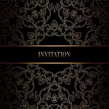 Vintage Barok düğün davetiyesi şablon damasko arka plan ile. Gelenek dekorasyon düğün için. Vektör çizim içinde siyah ve altın