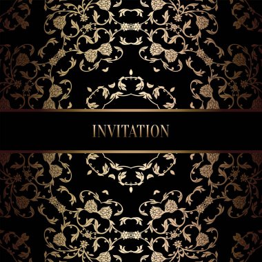 Vintage Barok düğün davetiyesi şablon damasko arka plan ile. Gelenek dekorasyon düğün için. Vektör çizim içinde siyah ve altın
