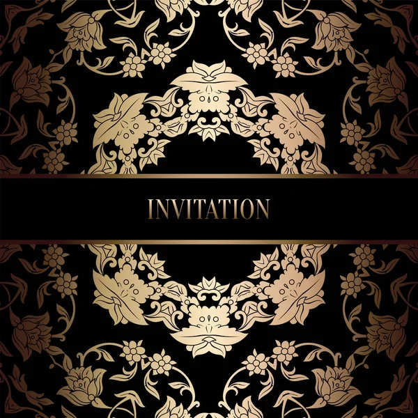 Plantilla de invitación de boda barroca vintage con fondo de damasco. Decoración de tradición para la boda. Ilustración vectorial en negro y oro — Vector de stock