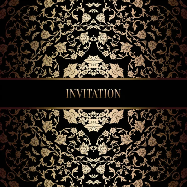 Modèle d'invitation de mariage baroque vintage avec fond damassé. Décoration de tradition pour mariage. Illustration vectorielle en noir et or — Image vectorielle