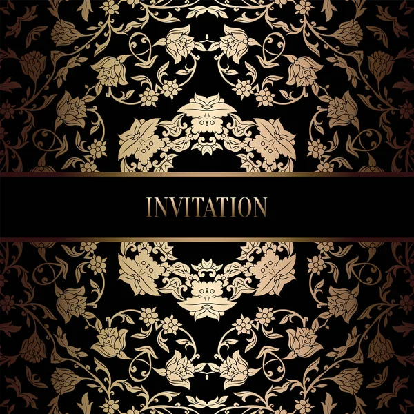 Vintage Barok düğün davetiyesi şablon damasko arka plan ile. Gelenek dekorasyon düğün için. Vektör çizim içinde siyah ve altın