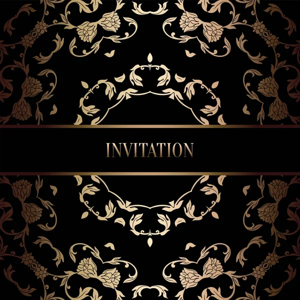 Винтажный шаблон свадебного приглашения барокко с дамасским фоном. Традиционное украшение для свадьбы. Векторная иллюстрация в чёрном и золотом — стоковый вектор