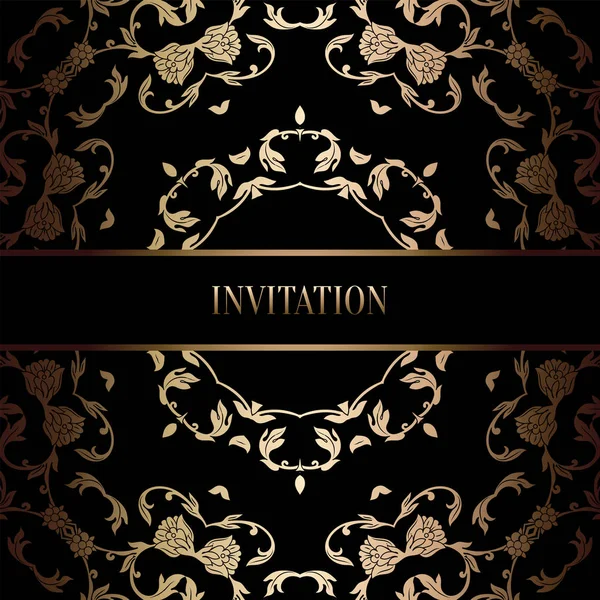 Vintage Barok düğün davetiyesi şablon damasko arka plan ile. Gelenek dekorasyon düğün için. Vektör çizim içinde siyah ve altın