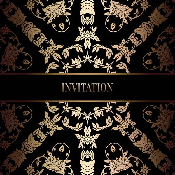 Plantilla de invitación de boda barroca vintage con fondo de damasco. Decoración de tradición para la boda. Ilustración vectorial en negro y oro — Vector de stock