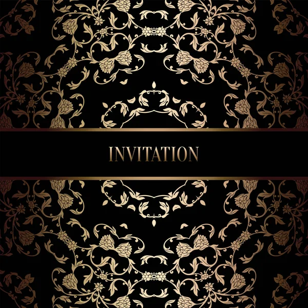 Vintage Barok düğün davetiyesi şablon damasko arka plan ile. Gelenek dekorasyon düğün için. Vektör çizim içinde siyah ve altın
