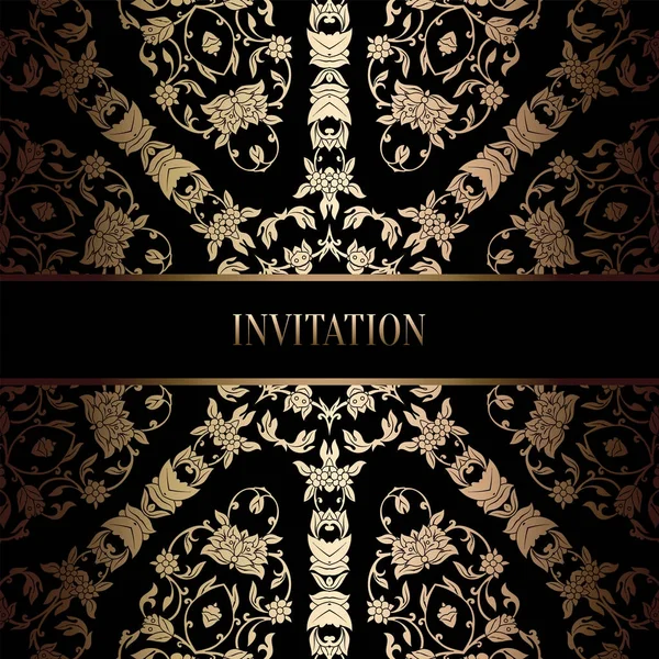 Vintage Barok düğün davetiyesi şablon damasko arka plan ile. Gelenek dekorasyon düğün için. Vektör çizim içinde siyah ve altın