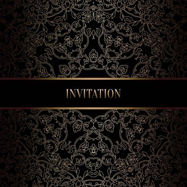 Vintage Barok düğün davetiyesi şablon damasko arka plan ile. Gelenek dekorasyon düğün için. Vektör çizim içinde siyah ve altın
