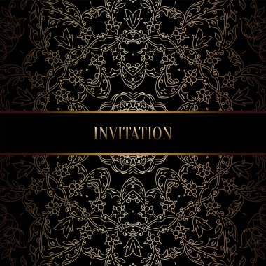 Vintage Barok düğün davetiyesi şablon damasko arka plan ile. Gelenek dekorasyon düğün için. Vektör çizim içinde siyah ve altın