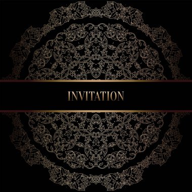 Vintage Barok düğün davetiyesi şablon damasko arka plan ile. Gelenek dekorasyon düğün için. Vektör çizim içinde siyah ve altın