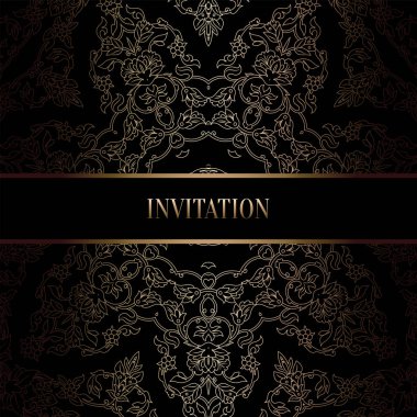 Vintage Barok düğün davetiyesi şablon damasko arka plan ile. Gelenek dekorasyon düğün için. Vektör çizim içinde siyah ve altın