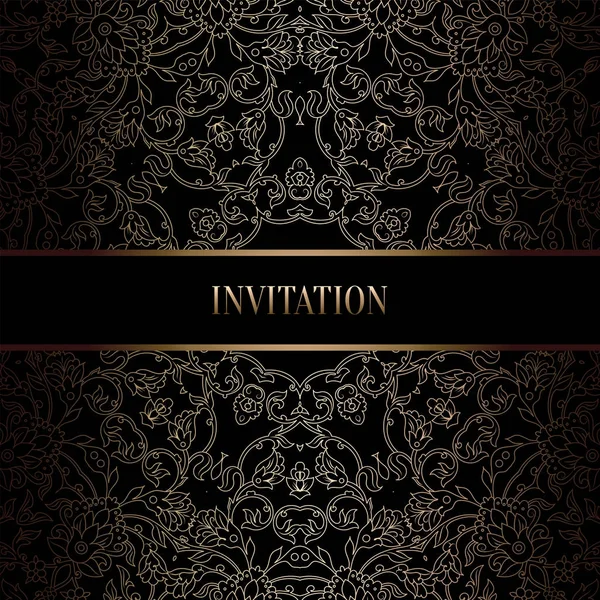Vintage Barok düğün davetiyesi şablon damasko arka plan ile. Gelenek dekorasyon düğün için. Vektör çizim içinde siyah ve altın