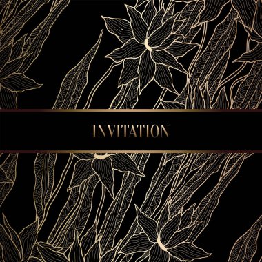 Vintage Barok düğün davetiyesi şablon damasko arka plan ile. Gelenek dekorasyon düğün için. Vektör çizim içinde siyah ve altın