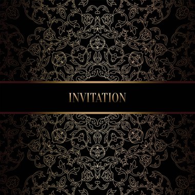 Vintage Barok düğün davetiyesi şablon damasko arka plan ile. Gelenek dekorasyon düğün için. Vektör çizim içinde siyah ve altın