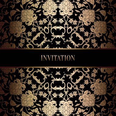 Vintage Barok düğün davetiyesi şablon damasko arka plan ile. Gelenek dekorasyon düğün için. Vektör çizim içinde siyah ve altın