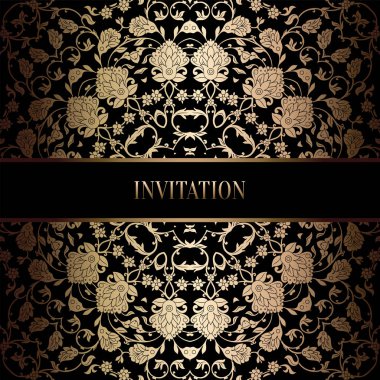Vintage Barok düğün davetiyesi şablon damasko arka plan ile. Gelenek dekorasyon düğün için. Vektör çizim içinde siyah ve altın