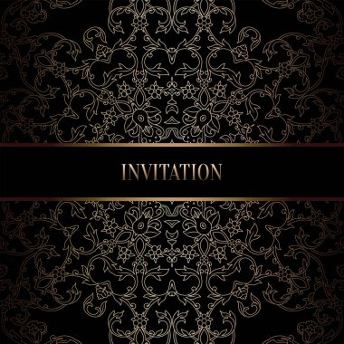 Vintage Barok düğün davetiyesi şablon damasko arka plan ile. Gelenek dekorasyon düğün için. Vektör çizim içinde siyah ve altın