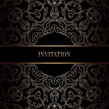 Vintage Barok düğün davetiyesi şablon damasko arka plan ile. Gelenek dekorasyon düğün için. Vektör çizim içinde siyah ve altın