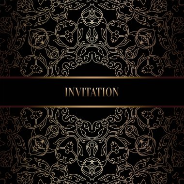 Vintage Barok düğün davetiyesi şablon damasko arka plan ile. Gelenek dekorasyon düğün için. Vektör çizim içinde siyah ve altın