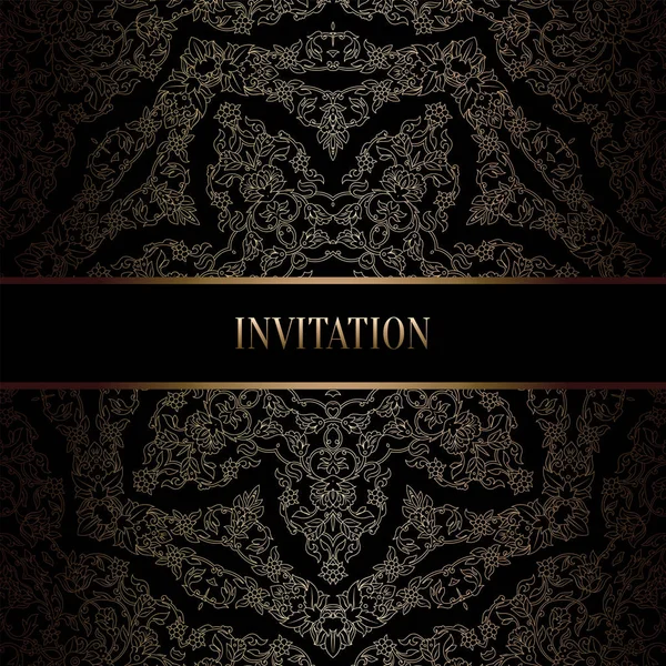 Modèle d'invitation de mariage baroque vintage avec fond damassé. Décoration de tradition pour mariage. Illustration vectorielle en noir et or — Image vectorielle