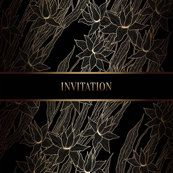 Modèle d'invitation de mariage baroque vintage avec fond damassé. Décoration de tradition pour mariage. Illustration vectorielle en noir et or — Image vectorielle