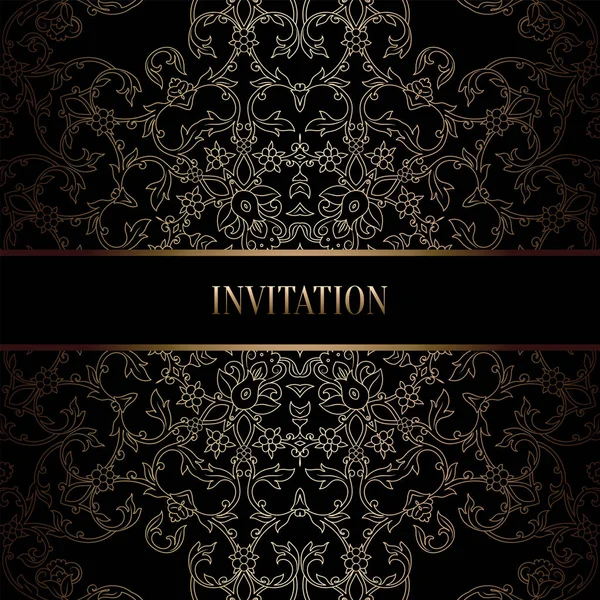 Vintage Barok düğün davetiyesi şablon damasko arka plan ile. Gelenek dekorasyon düğün için. Vektör çizim içinde siyah ve altın