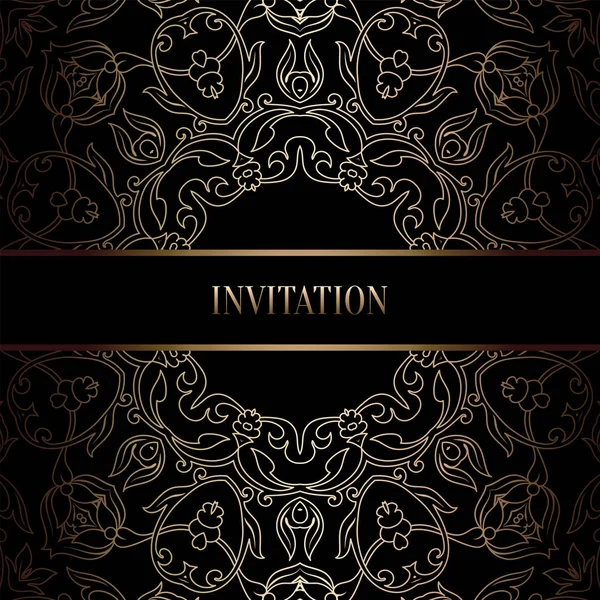 Vintage Barok düğün davetiyesi şablon damasko arka plan ile. Gelenek dekorasyon düğün için. Vektör çizim içinde siyah ve altın