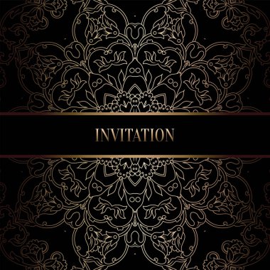 Vintage Barok düğün davetiyesi şablon damasko arka plan ile. Gelenek dekorasyon düğün için. Vektör çizim içinde siyah ve altın