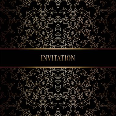 Vintage Barok düğün davetiyesi şablon damasko arka plan ile. Gelenek dekorasyon düğün için. Vektör çizim içinde siyah ve altın