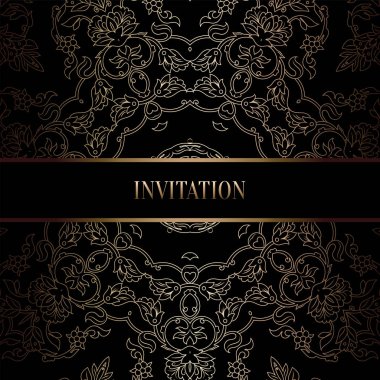Vintage Barok düğün davetiyesi şablon damasko arka plan ile. Gelenek dekorasyon düğün için. Vektör çizim içinde siyah ve altın