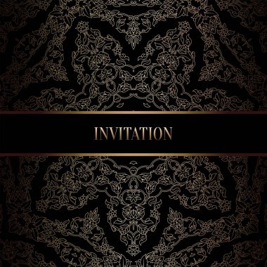 Vintage Barok düğün davetiyesi şablon damasko arka plan ile. Gelenek dekorasyon düğün için. Vektör çizim içinde siyah ve altın