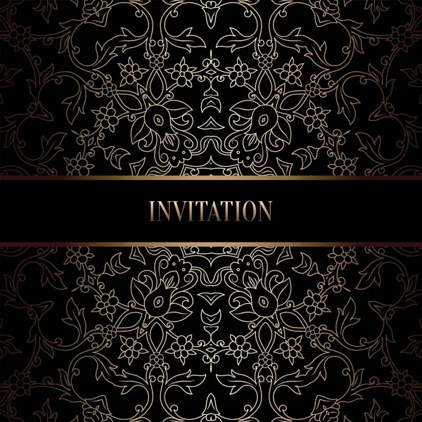 Modèle d'invitation de mariage baroque vintage avec fond damassé. Décoration de tradition pour mariage. Illustration vectorielle en noir et or — Image vectorielle