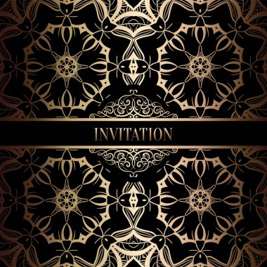 Vintage Barok düğün davetiyesi şablon damasko arka plan ile. Gelenek dekorasyon düğün için. Vektör çizim içinde siyah ve altın