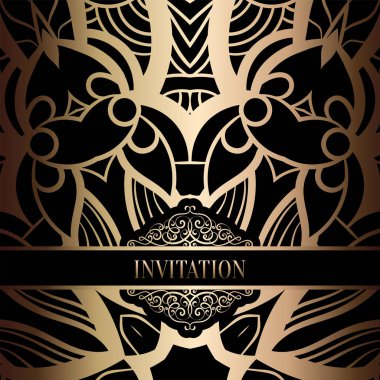 Vintage Barok düğün davetiyesi şablon damasko arka plan ile. Gelenek dekorasyon düğün için. Vektör çizim içinde siyah ve altın