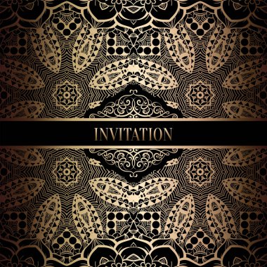 Vintage Barok düğün davetiyesi şablon damasko arka plan ile. Gelenek dekorasyon düğün için. Vektör çizim içinde siyah ve altın