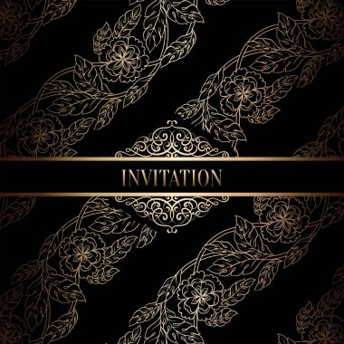 Vintage Barok düğün davetiyesi şablon damasko arka plan ile. Gelenek dekorasyon düğün için. Vektör çizim içinde siyah ve altın
