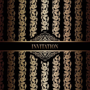 Vintage Barok düğün davetiyesi şablon damasko arka plan ile. Gelenek dekorasyon düğün için. Vektör çizim içinde siyah ve altın