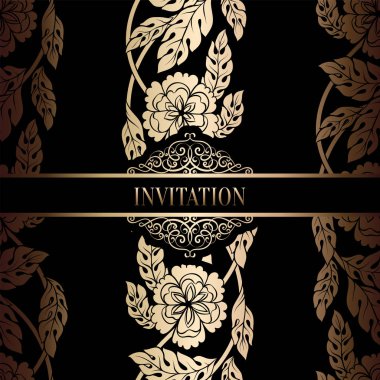 Vintage Barok düğün davetiyesi şablon damasko arka plan ile. Gelenek dekorasyon düğün için. Vektör çizim içinde siyah ve altın
