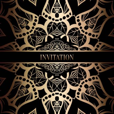 Vintage Barok düğün davetiyesi şablon damasko arka plan ile. Gelenek dekorasyon düğün için. Vektör çizim içinde siyah ve altın