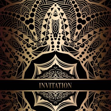 Vintage Barok düğün davetiyesi şablon damasko arka plan ile. Gelenek dekorasyon düğün için. Vektör çizim içinde siyah ve altın