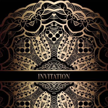 Vintage Barok düğün davetiyesi şablon damasko arka plan ile. Gelenek dekorasyon düğün için. Vektör çizim içinde siyah ve altın