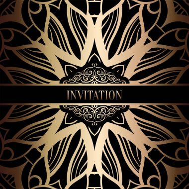 Vintage Barok düğün davetiyesi şablon damasko arka plan ile. Gelenek dekorasyon düğün için. Vektör çizim içinde siyah ve altın