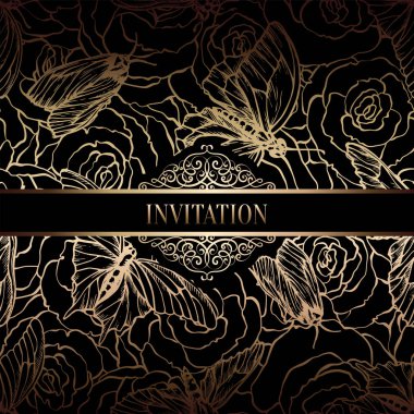 Vintage Barok düğün davetiyesi şablon kelebek arka plan ile. Geleneksel dekorasyon düğün için. Vektör çizim içinde siyah ve altın