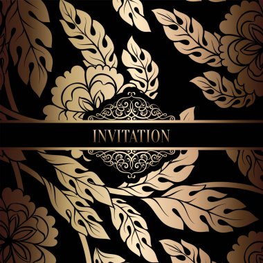 Vintage Barok düğün davetiyesi şablon damasko arka plan ile. Gelenek dekorasyon düğün için. Vektör çizim içinde siyah ve altın